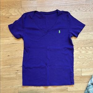 Purple V-Neck T-Shirt with Green Logo